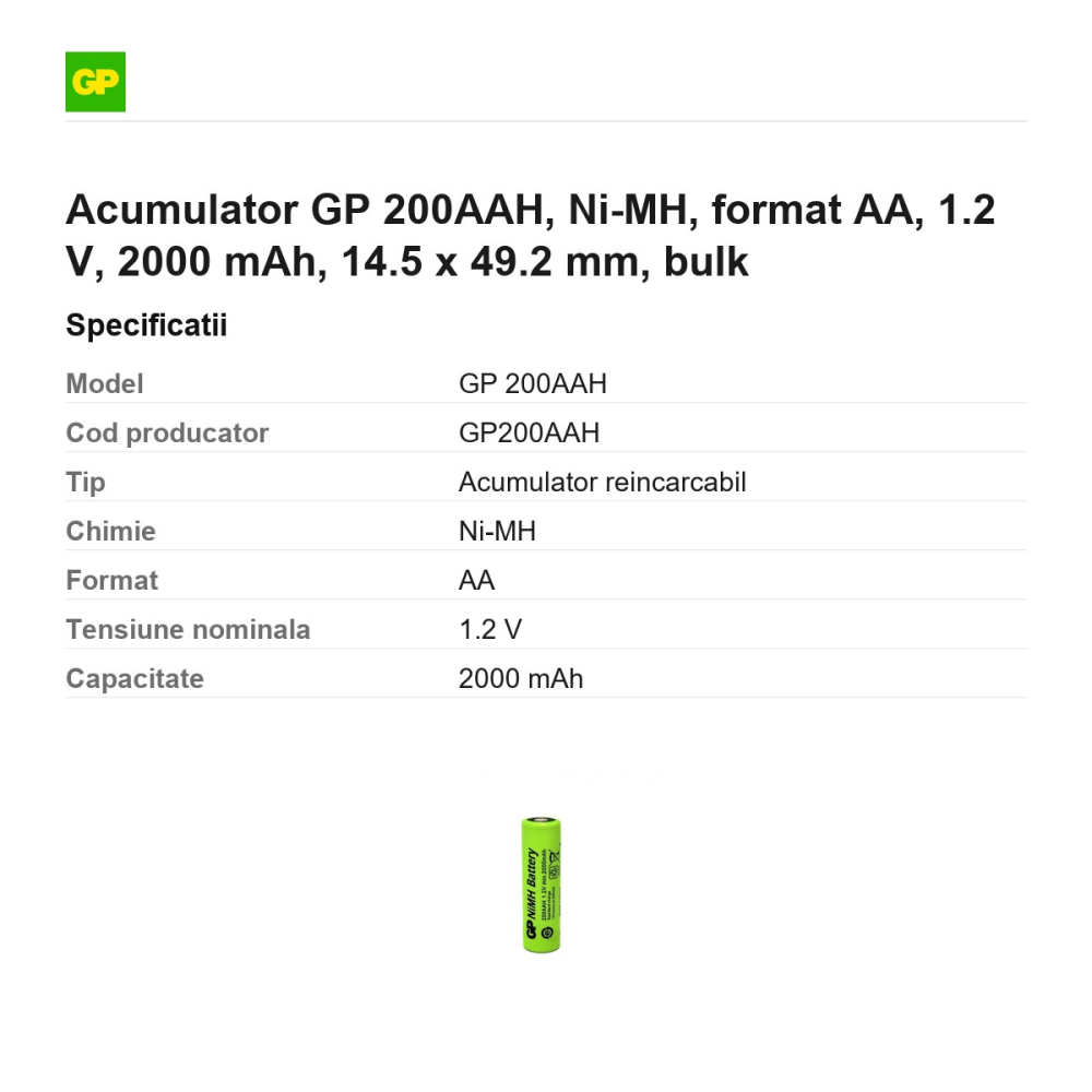 Acumulator GP 200AAH, Ni-MH, format AA, 1.2 V, 2000 mAh, 14.5 x 49.2 mm, bulk [3]