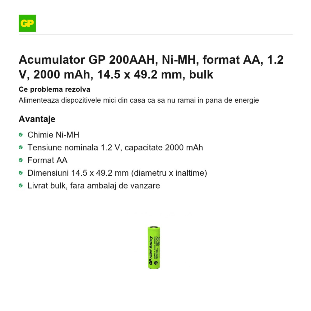 Acumulator GP 200AAH, Ni-MH, format AA, 1.2 V, 2000 mAh, 14.5 x 49.2 mm, bulk [2]