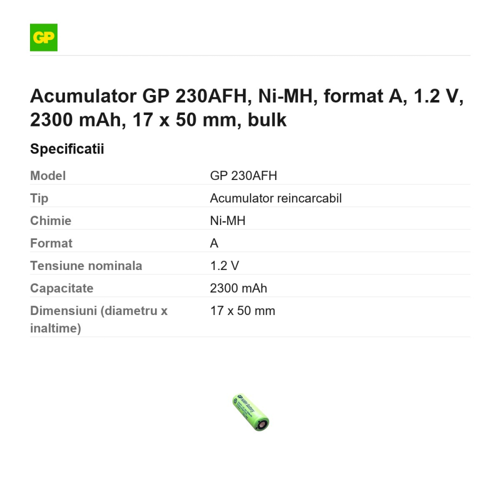 Acumulator GP 230AFH, Ni-MH, format A, 1.2 V, 2300 mAh, 17 x 50 mm, bulk [3]