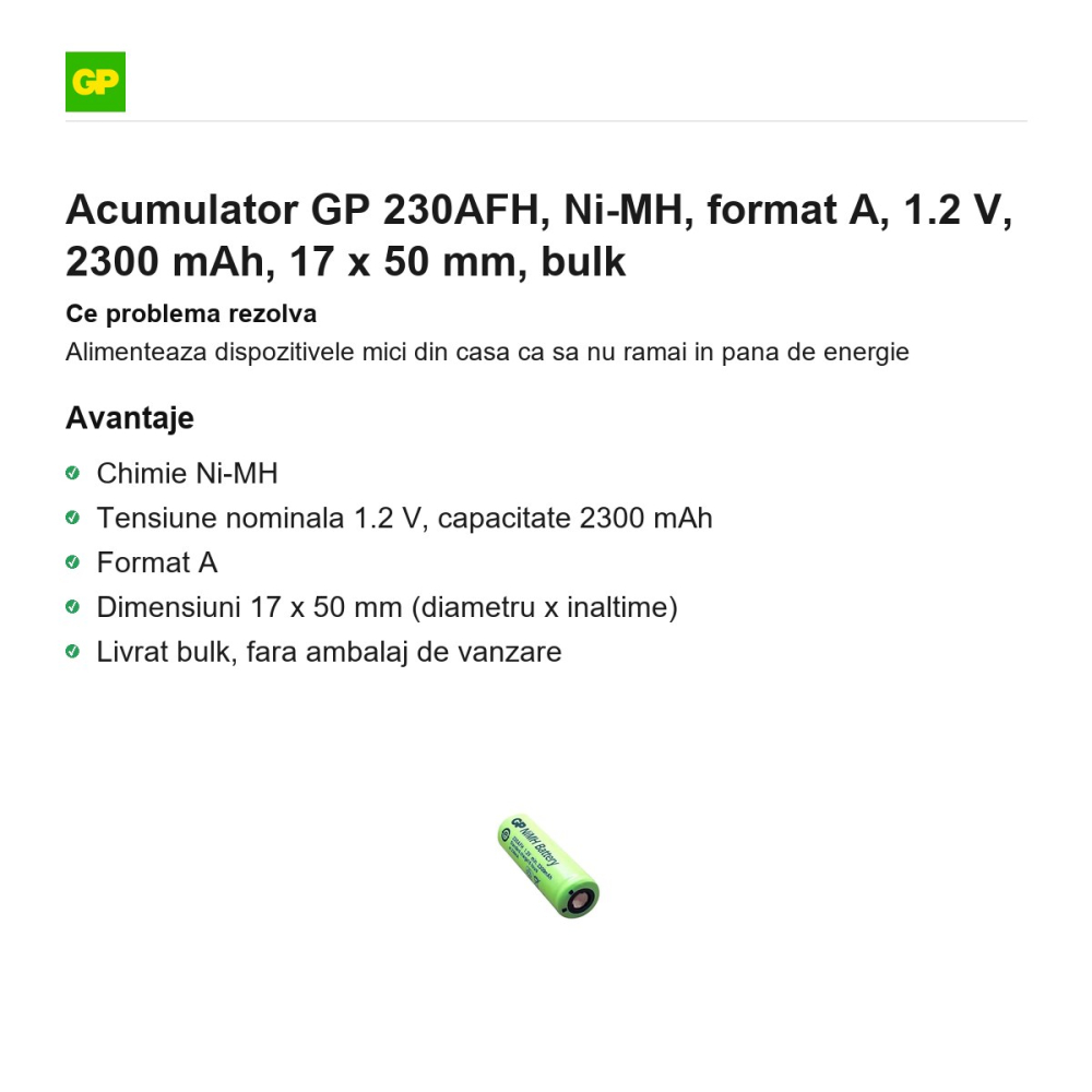 Acumulator GP 230AFH, Ni-MH, format A, 1.2 V, 2300 mAh, 17 x 50 mm, bulk [2]