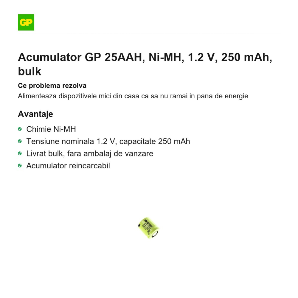 Acumulator GP 25AAH, Ni-MH, 1.2 V, 250 mAh, bulk [2]