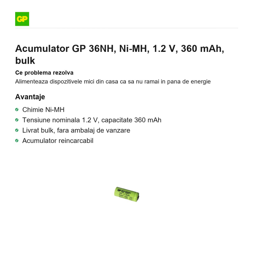Acumulator GP 36NH, Ni-MH, 1.2 V, 360 mAh, bulk [2]