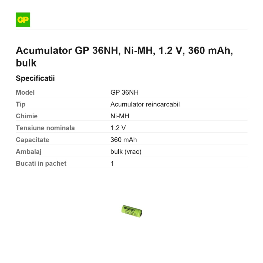 Acumulator GP 36NH, Ni-MH, 1.2 V, 360 mAh, bulk [3]