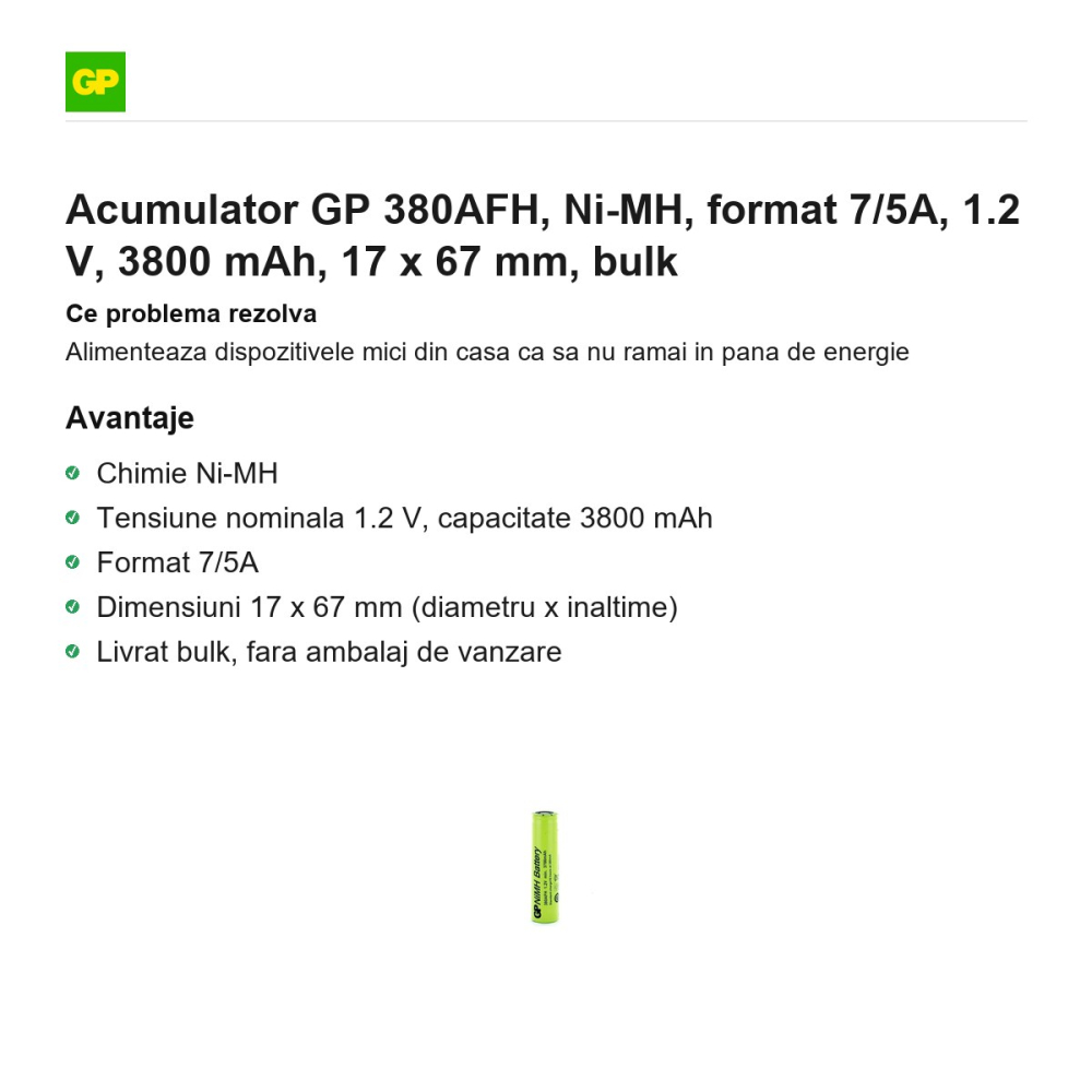Acumulator GP 380AFH, Ni-MH, format 7/5A, 1.2 V, 3800 mAh, 17 x 67 mm, bulk [2]