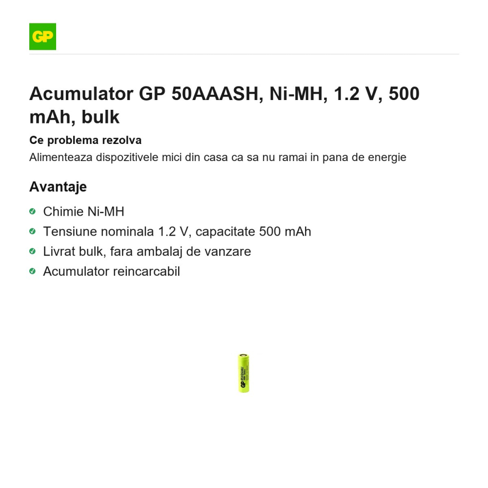 Acumulator GP 50AAASH, Ni-MH, 1.2 V, 500 mAh, bulk [2]