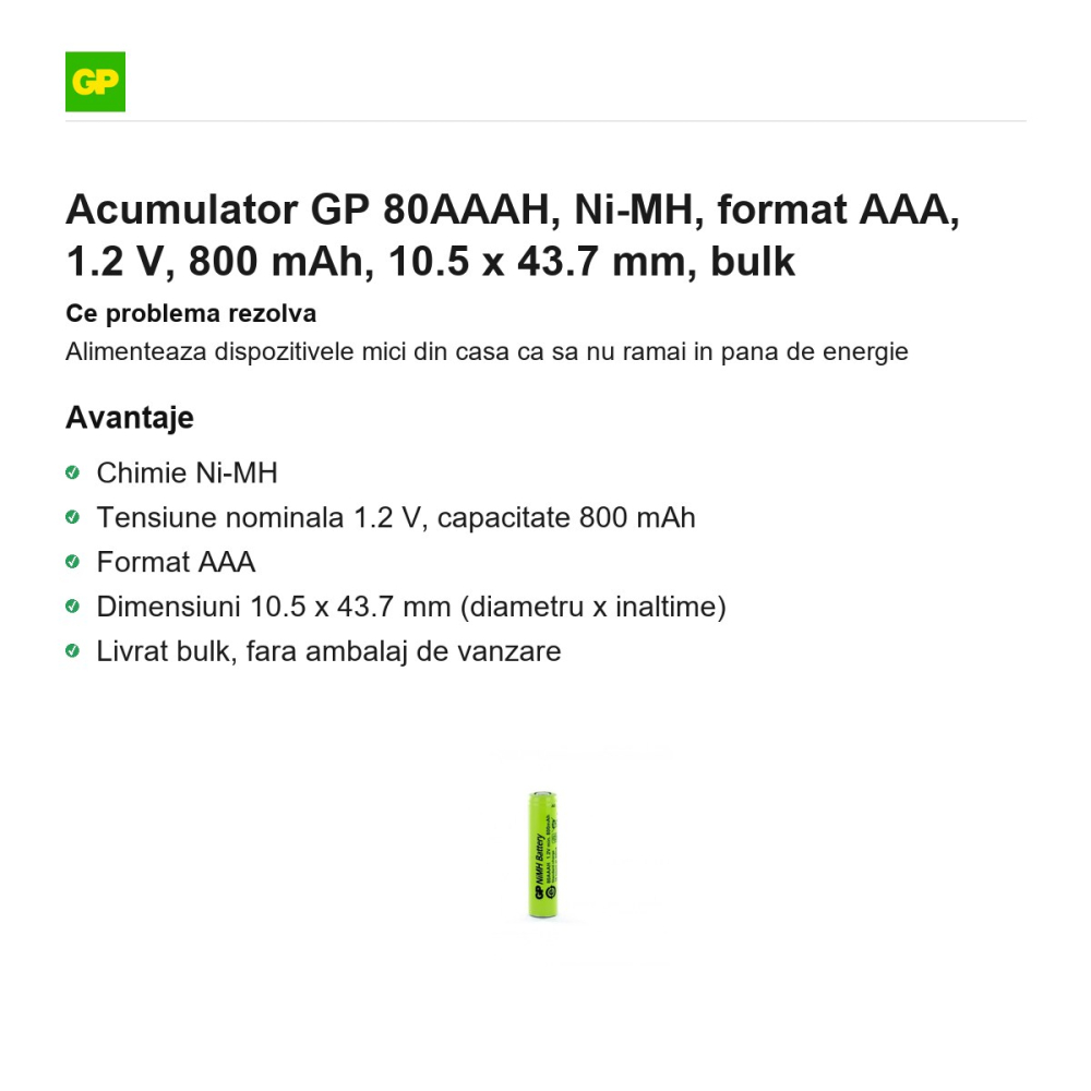 Acumulator GP 80AAAH, Ni-MH, format AAA, 1.2 V, 800 mAh, 10.5 x 43.7 mm, bulk [2]