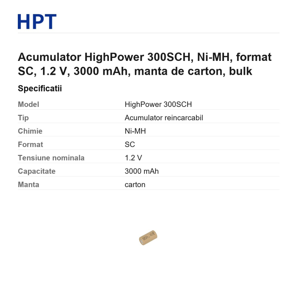 Acumulator HighPower 300SCH, Ni-MH, format SC, 1.2 V, 3000 mAh, manta de carton, bulk [3]