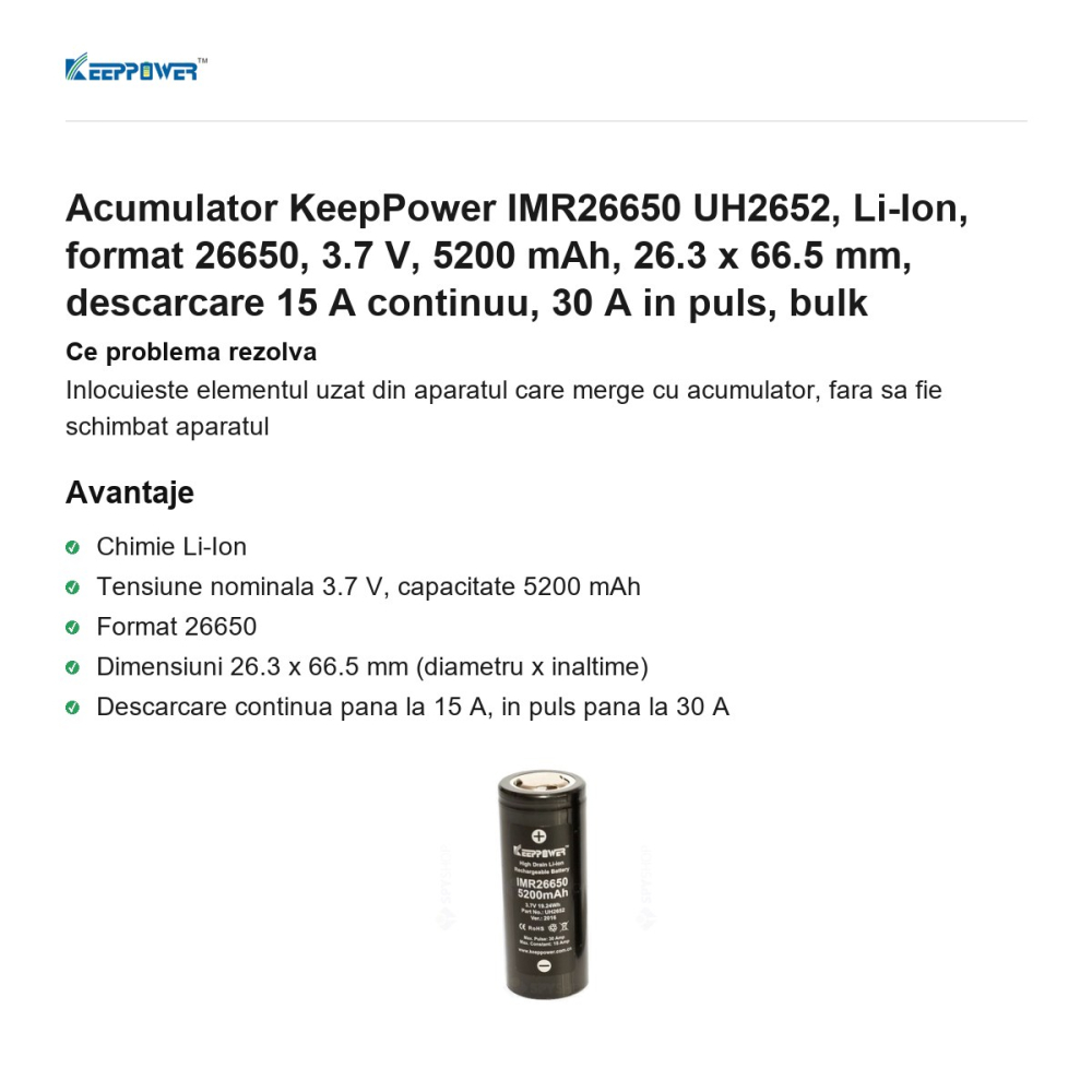 Acumulator KeepPower IMR26650 UH2652, Li-Ion, format 26650, 3.7 V, 5200 mAh, 26.3 x 66.5 mm, descarcare 15 A continuu, 30 A in puls, bulk [2]
