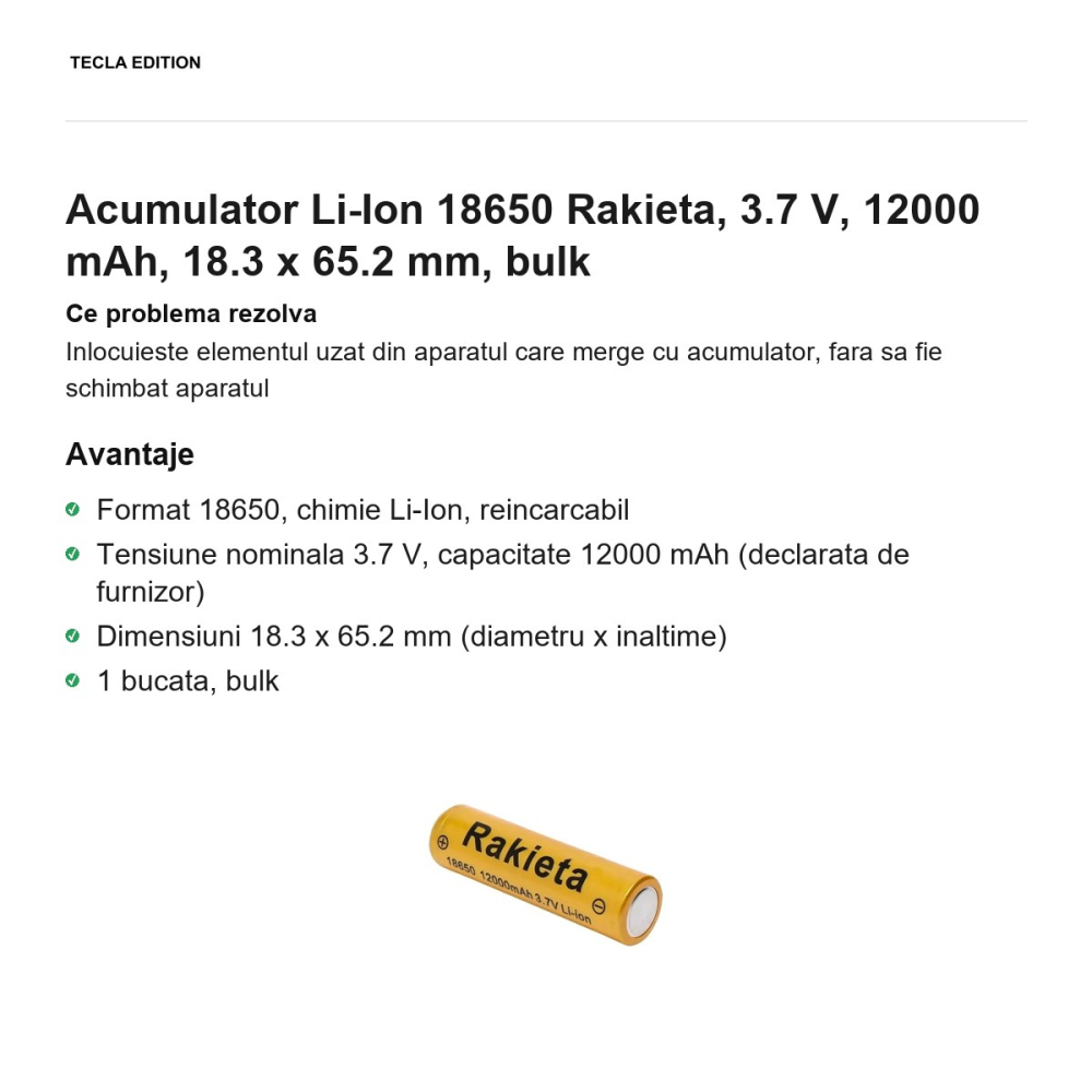 Acumulator Li-Ion 18650 Rakieta, 3.7 V, 12000 mAh, 18.3 x 65.2 mm, bulk [2]