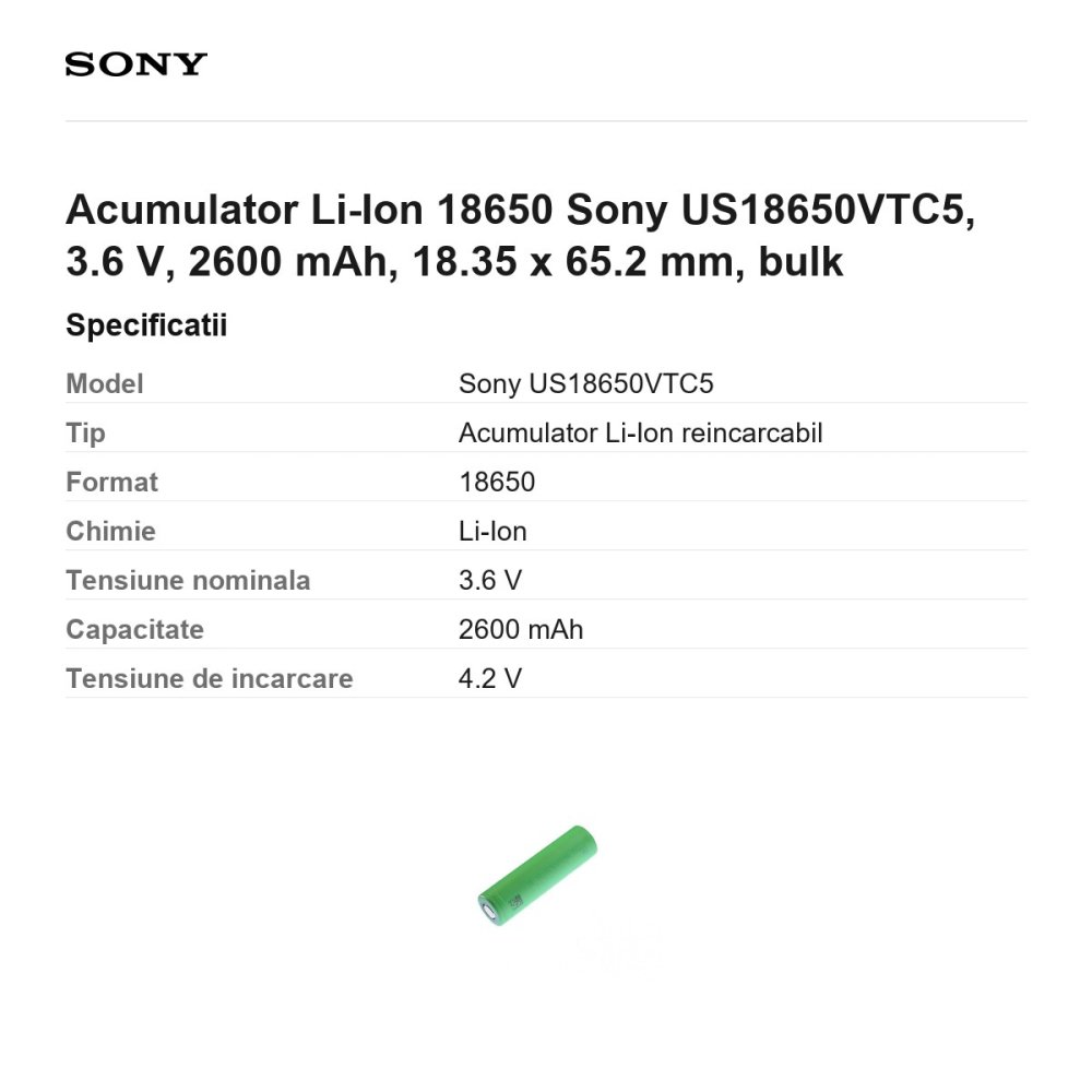 Acumulator Li-Ion 18650 Sony US18650VTC5, 3.6 V, 2600 mAh, 18.35 x 65.2 mm, bulk [3]