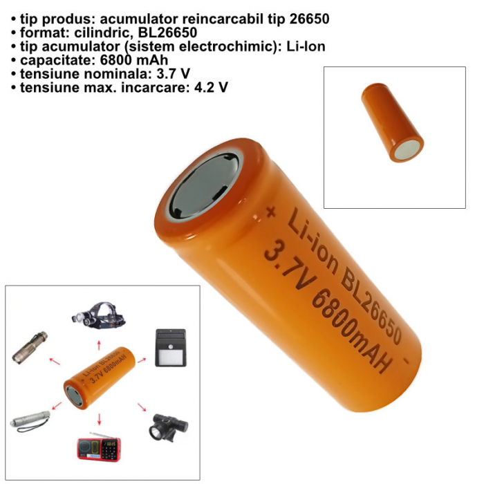 Acumulator Li-Ion 26650, 3.7V, 6800mAh, BL26650, portocaliu [5]