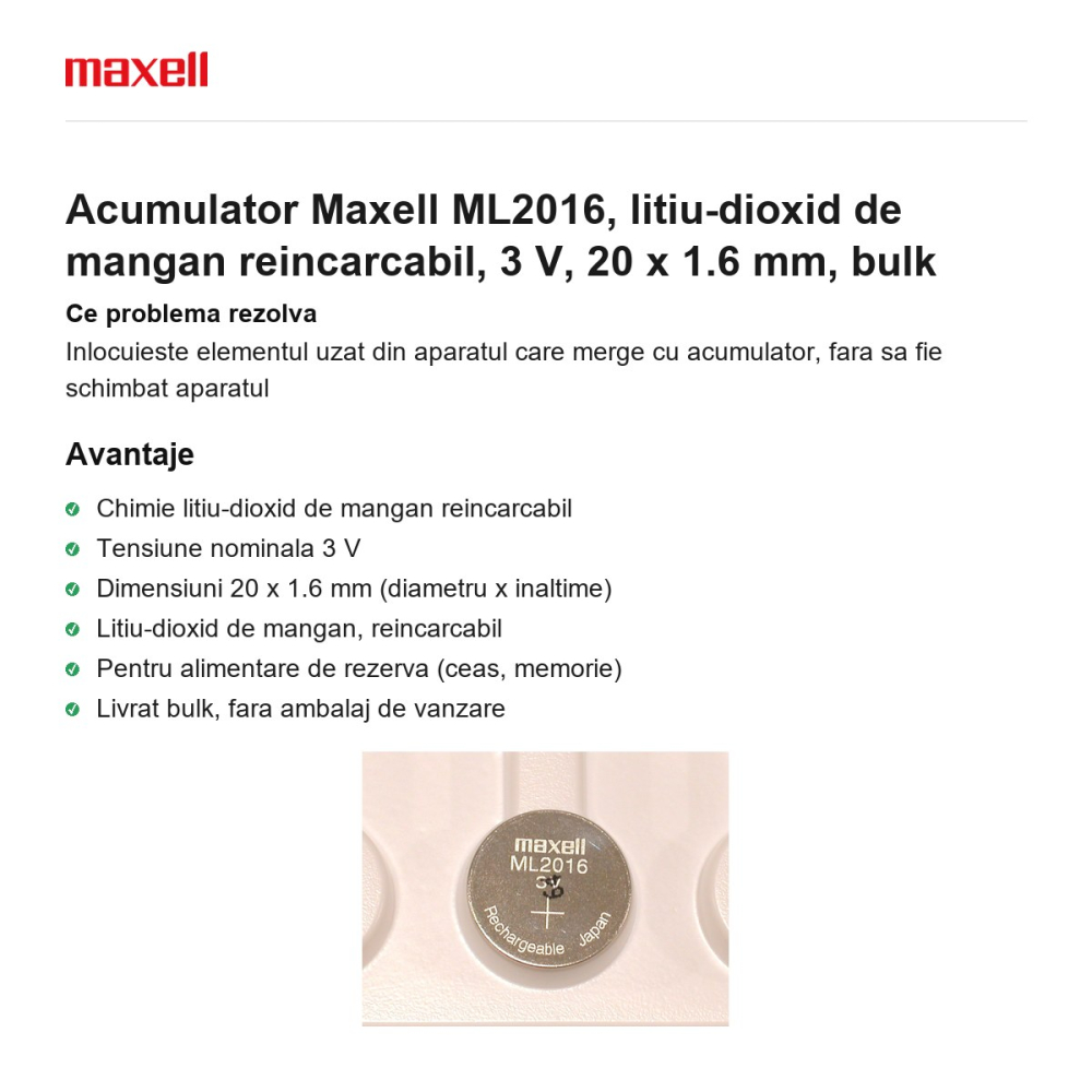 Acumulator Maxell ML2016, litiu-dioxid de mangan reincarcabil, 3 V, 20 x 1.6 mm, bulk [2]