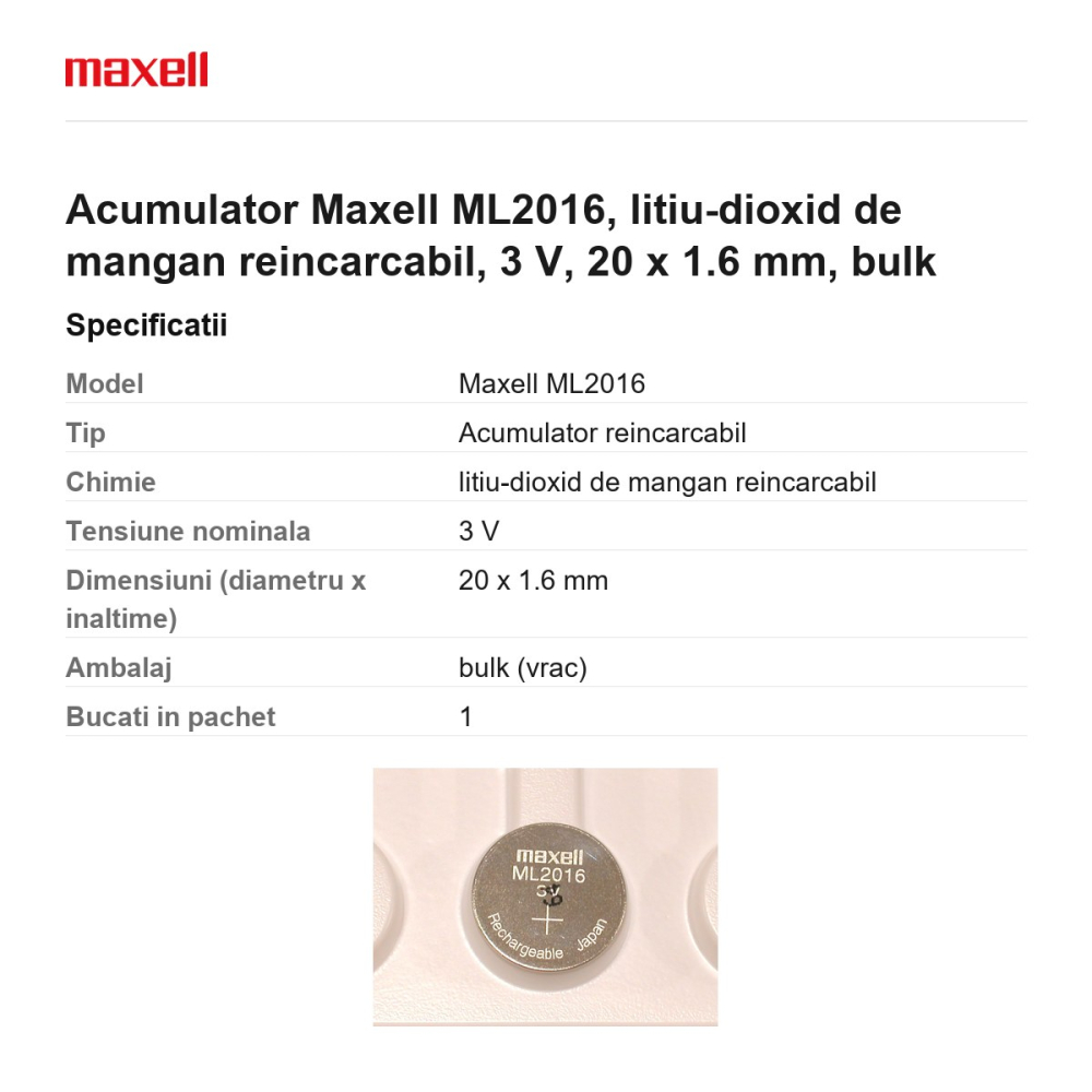 Acumulator Maxell ML2016, litiu-dioxid de mangan reincarcabil, 3 V, 20 x 1.6 mm, bulk [3]