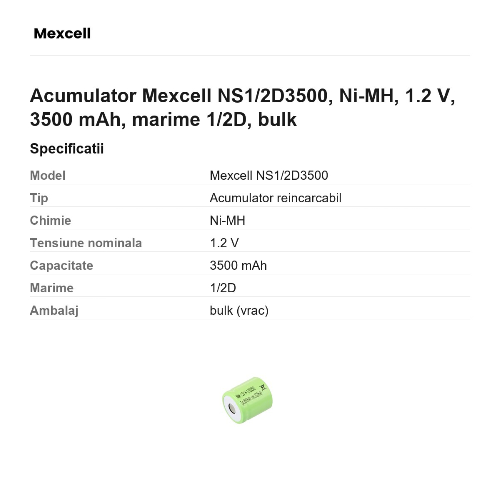 Acumulator Mexcell NS1/2D3500, Ni-MH, 1.2 V, 3500 mAh, marime 1/2D, bulk [3]