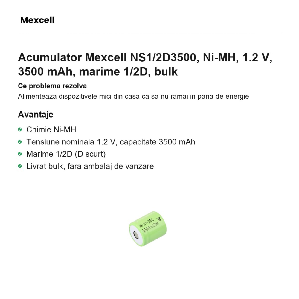 Acumulator Mexcell NS1/2D3500, Ni-MH, 1.2 V, 3500 mAh, marime 1/2D, bulk [2]