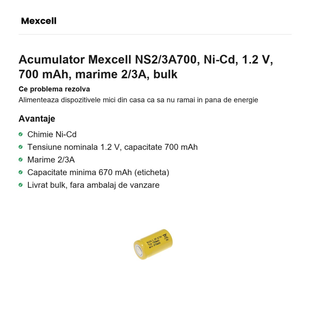 Acumulator Mexcell NS2/3A700, Ni-Cd, 1.2 V, 700 mAh, marime 2/3A, bulk [2]