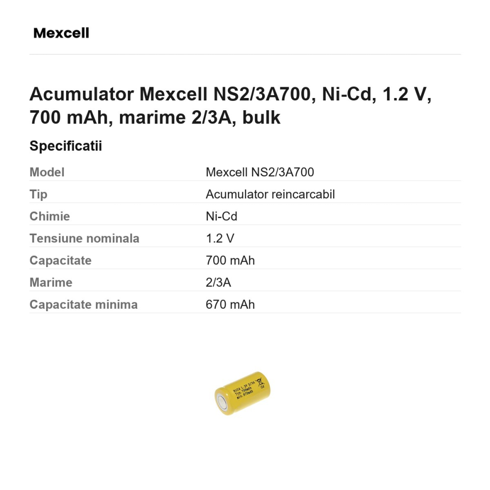 Acumulator Mexcell NS2/3A700, Ni-Cd, 1.2 V, 700 mAh, marime 2/3A, bulk [3]