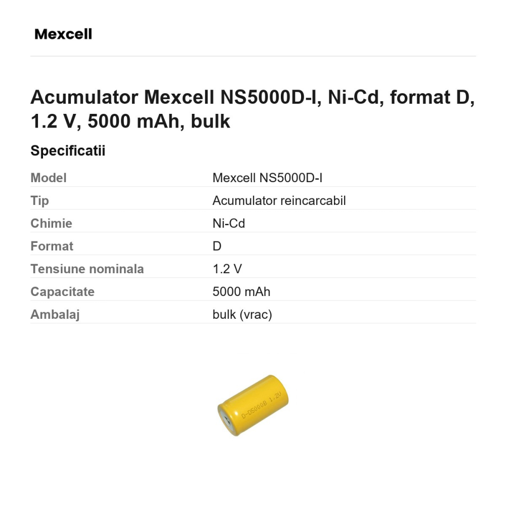 Acumulator Mexcell NS5000D-I, Ni-Cd, format D, 1.2 V, 5000 mAh, bulk [3]