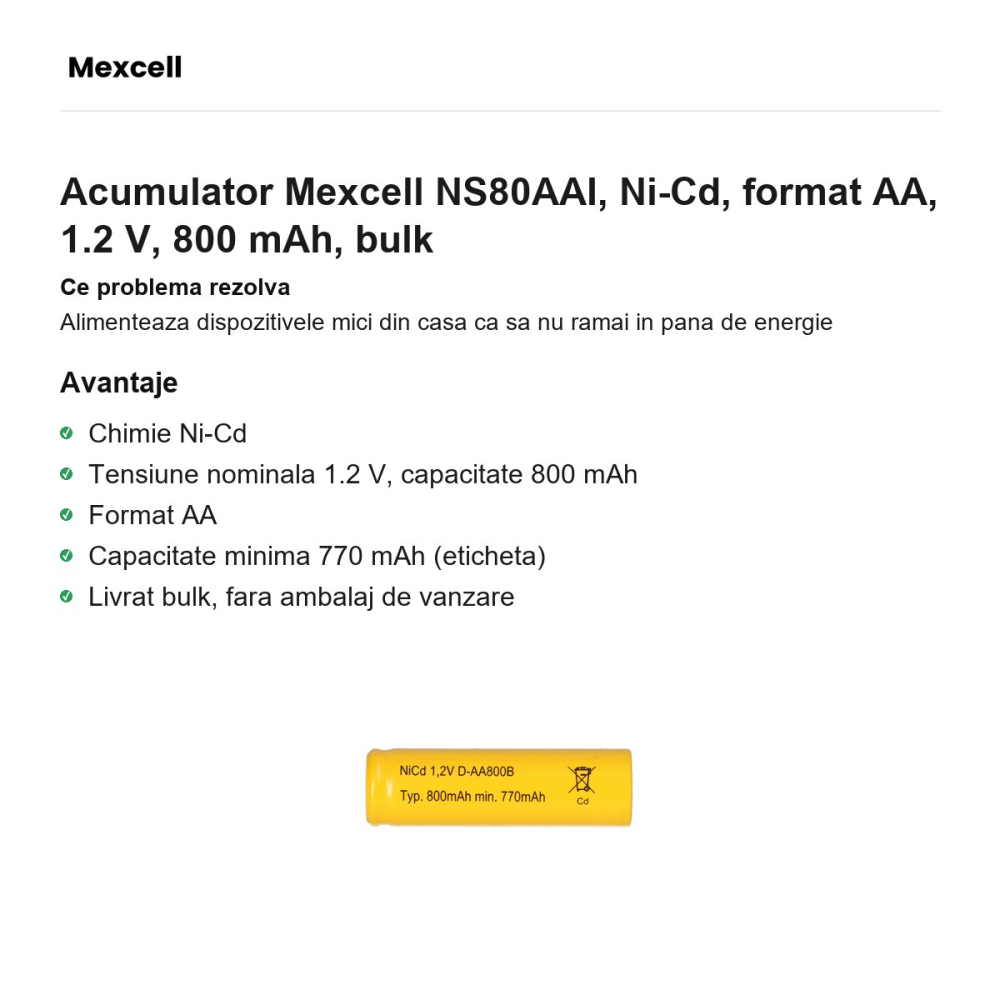 Acumulator Mexcell NS80AAI, Ni-Cd, format AA, 1.2 V, 800 mAh, bulk [2]