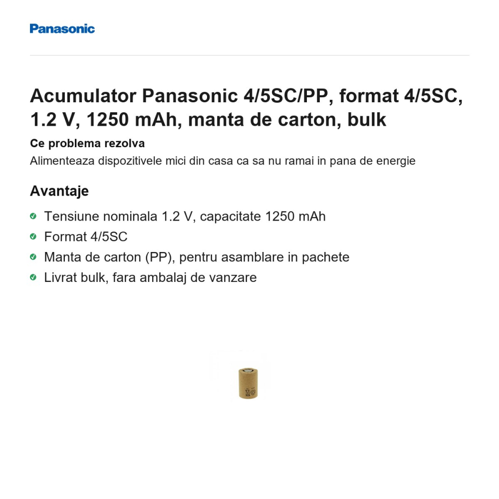 Acumulator Panasonic 4/5SC/PP, format 4/5SC, 1.2 V, 1250 mAh, manta de carton, bulk [2]