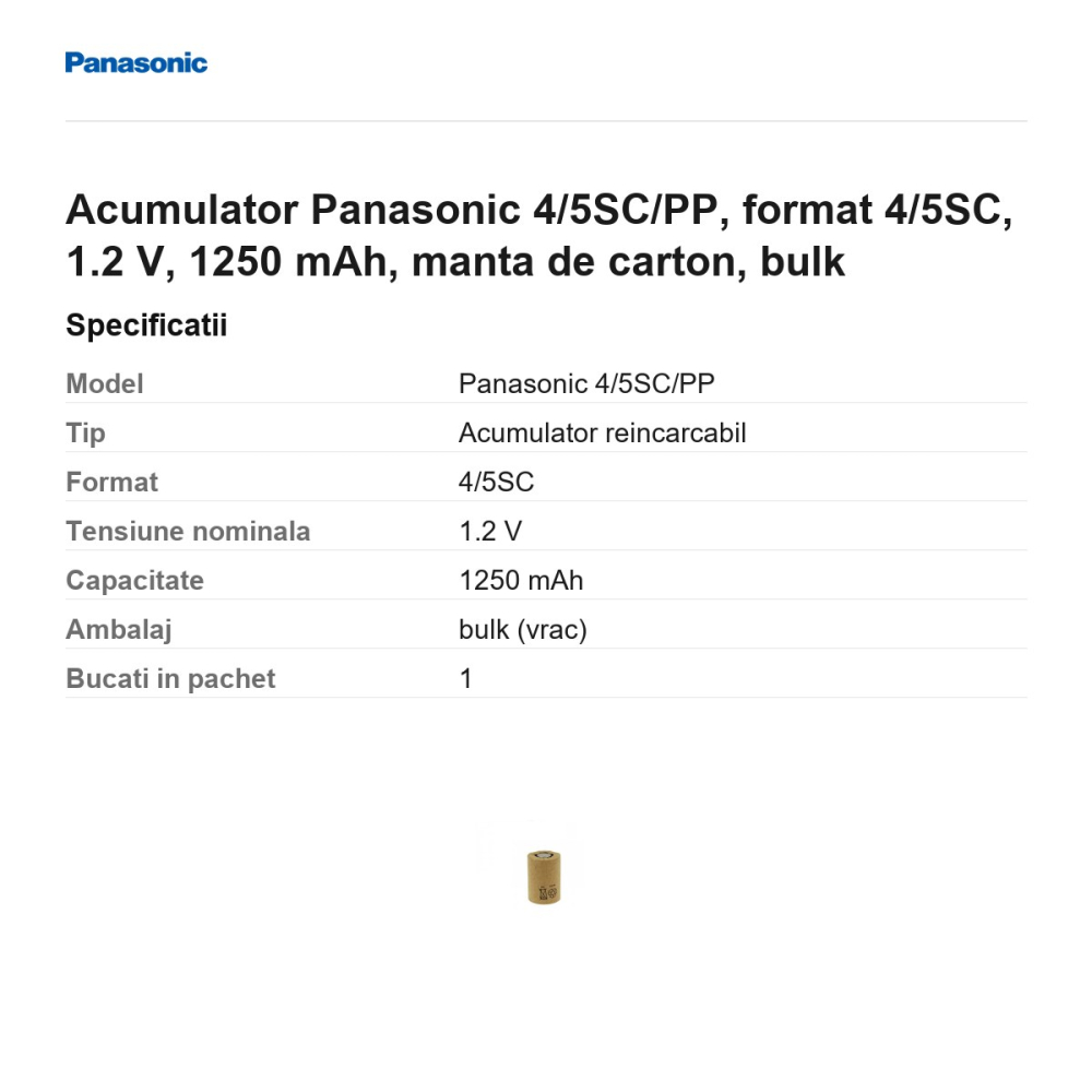 Acumulator Panasonic 4/5SC/PP, format 4/5SC, 1.2 V, 1250 mAh, manta de carton, bulk [3]