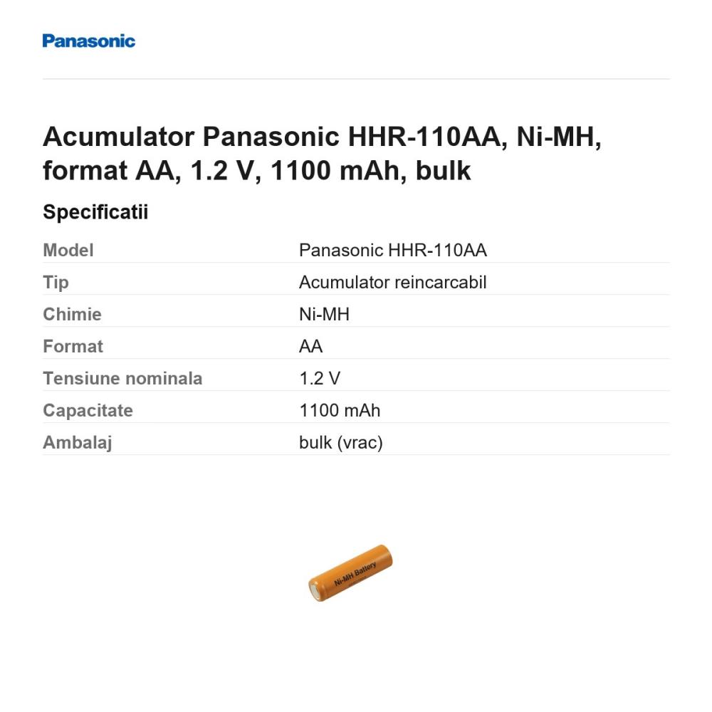 Acumulator Panasonic HHR-110AA, Ni-MH, format AA, 1.2 V, 1100 mAh, bulk [3]