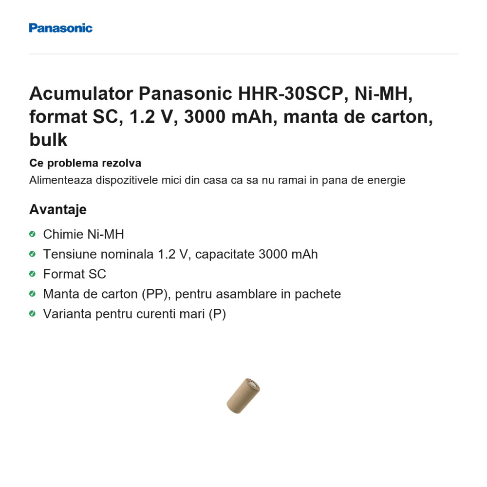 Acumulator Panasonic HHR-30SCP, Ni-MH, format SC, 1.2 V, 3000 mAh, manta de carton, bulk [2]