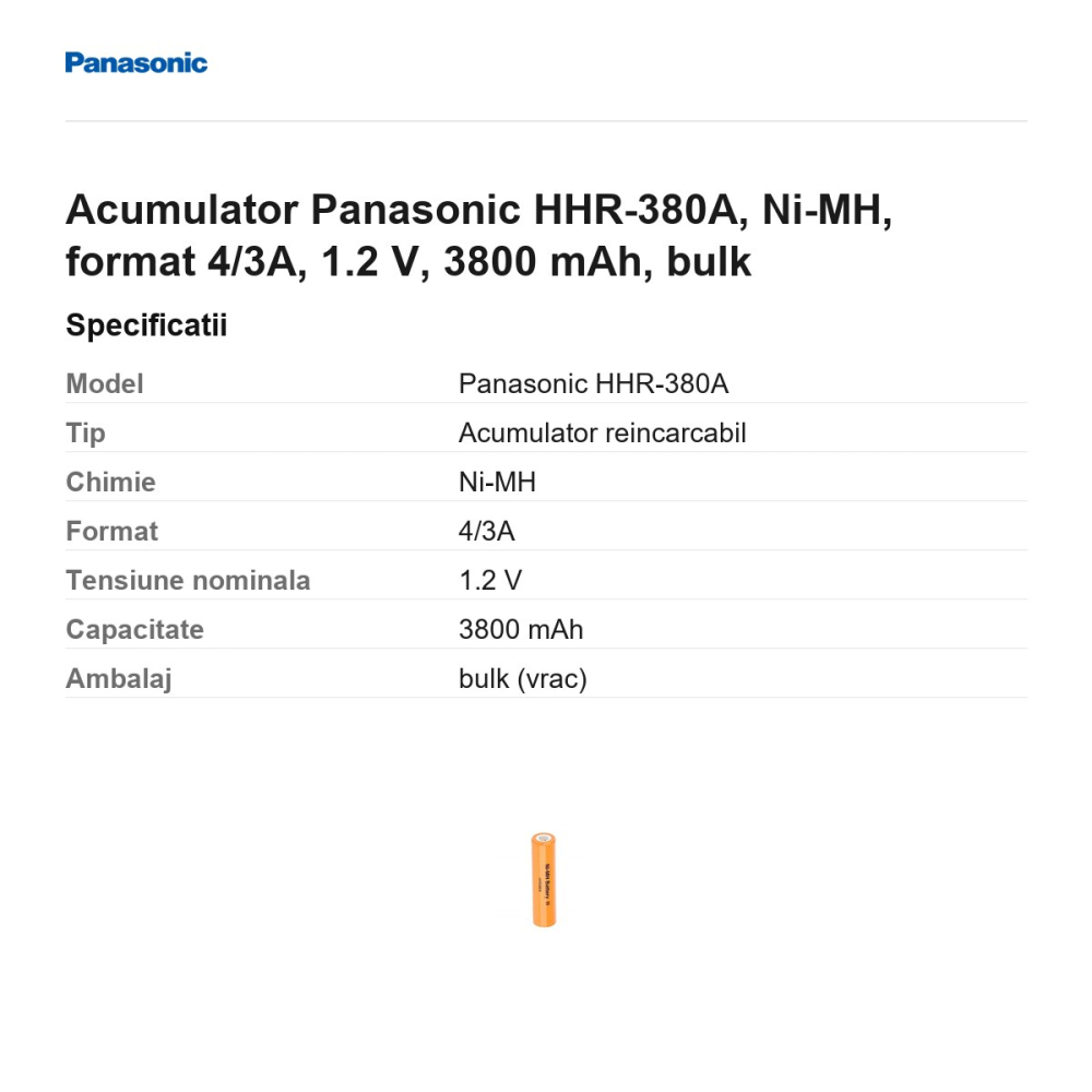 Acumulator Panasonic HHR-380A, Ni-MH, format 4/3A, 1.2 V, 3800 mAh, bulk [3]
