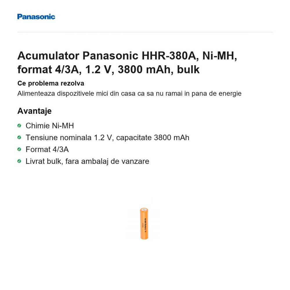 Acumulator Panasonic HHR-380A, Ni-MH, format 4/3A, 1.2 V, 3800 mAh, bulk [2]