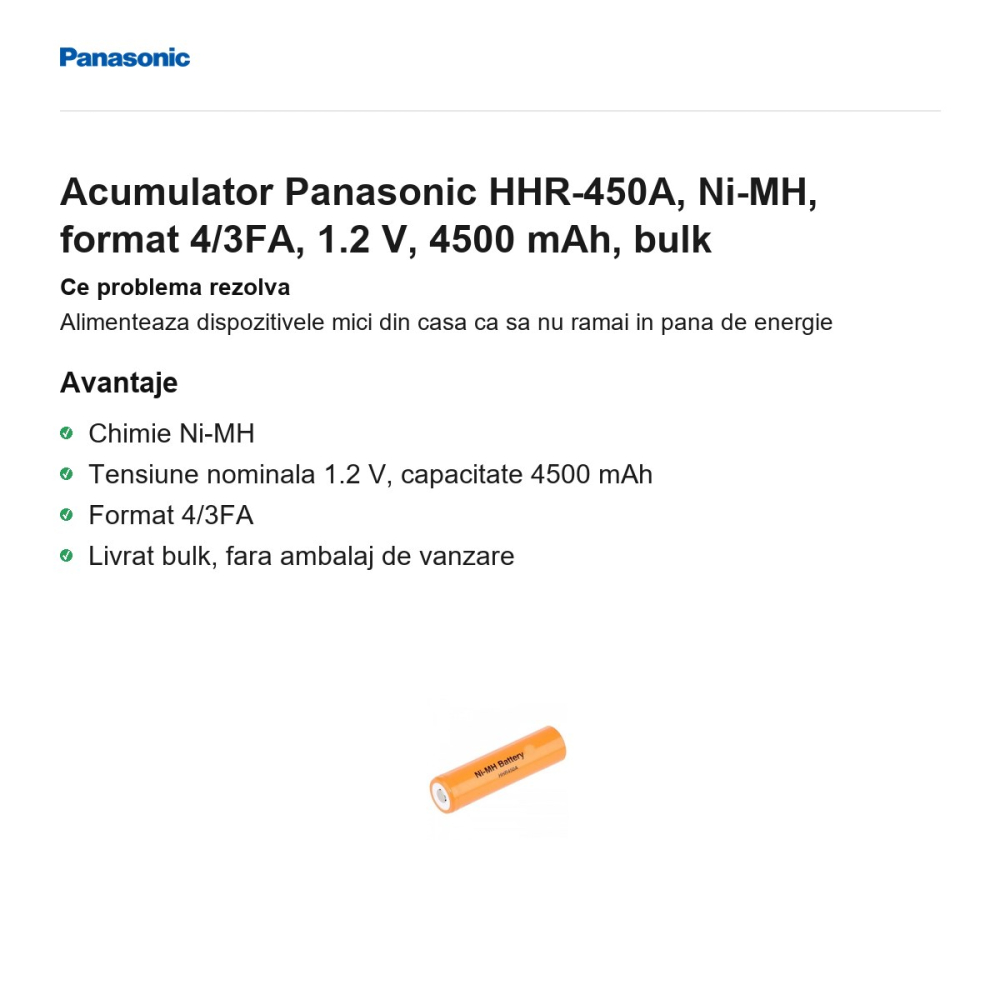Acumulator Panasonic HHR-450A, Ni-MH, format 4/3FA, 1.2 V, 4500 mAh, bulk [2]
