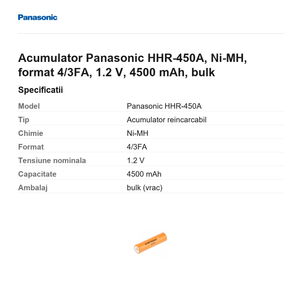 Acumulator Panasonic HHR-450A, Ni-MH, format 4/3FA, 1.2 V, 4500 mAh, bulk [3]