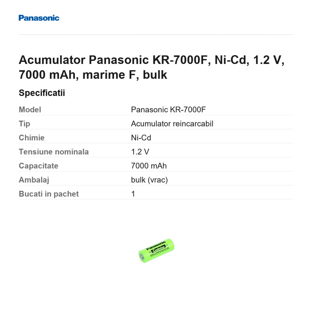 Acumulator Panasonic KR-7000F, Ni-Cd, 1.2 V, 7000 mAh, marime F, bulk [3]