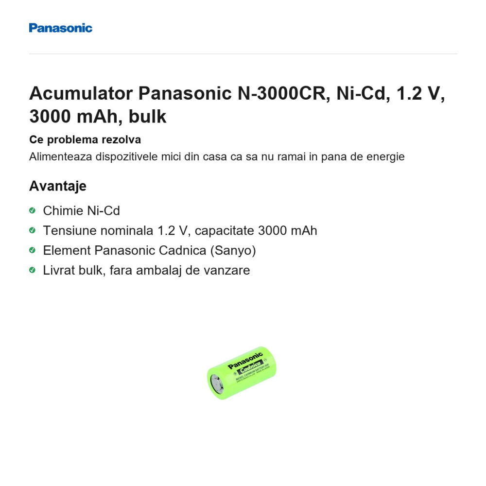 Acumulator Panasonic N-3000CR, Ni-Cd, 1.2 V, 3000 mAh, bulk [2]