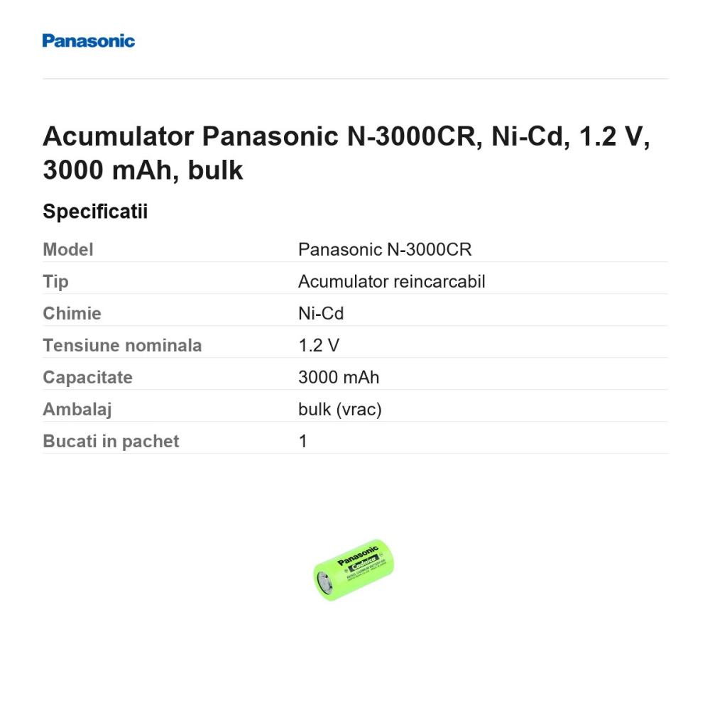 Acumulator Panasonic N-3000CR, Ni-Cd, 1.2 V, 3000 mAh, bulk [3]