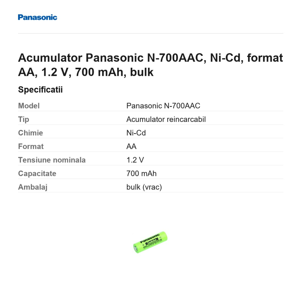 Acumulator Panasonic N-700AAC, Ni-Cd, format AA, 1.2 V, 700 mAh, bulk [3]