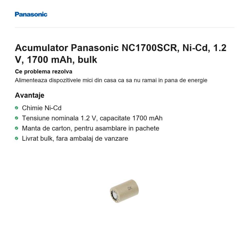 Acumulator Panasonic NC1700SCR, Ni-Cd, 1.2 V, 1700 mAh, bulk [2]