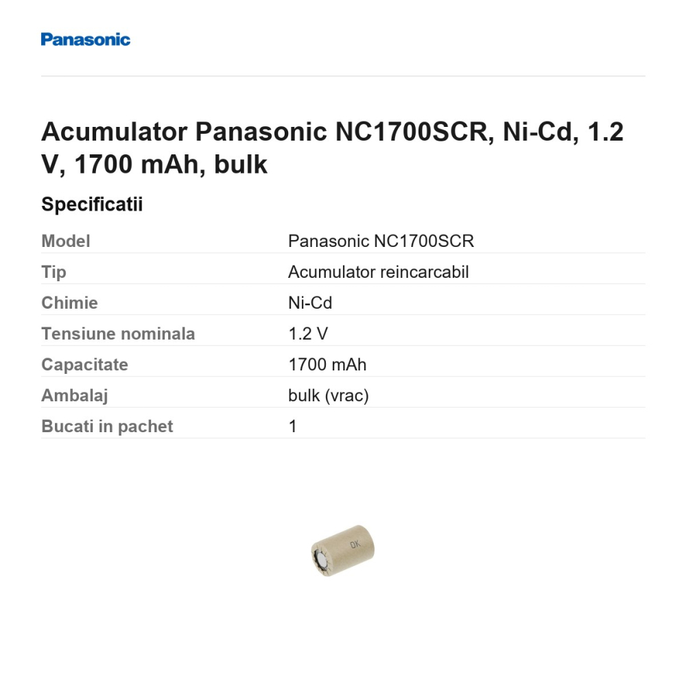 Acumulator Panasonic NC1700SCR, Ni-Cd, 1.2 V, 1700 mAh, bulk [3]