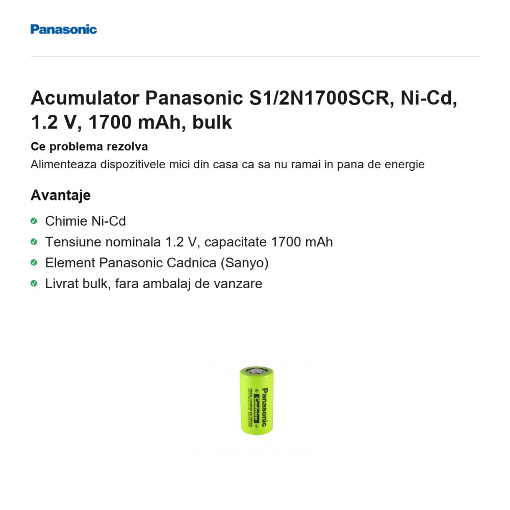 Acumulator Panasonic S1/2N1700SCR, Ni-Cd, 1.2 V, 1700 mAh, bulk [2]
