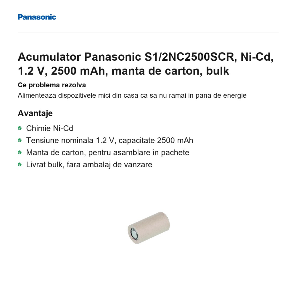 Acumulator Panasonic S1/2NC2500SCR, Ni-Cd, 1.2 V, 2500 mAh, manta de carton, bulk [2]