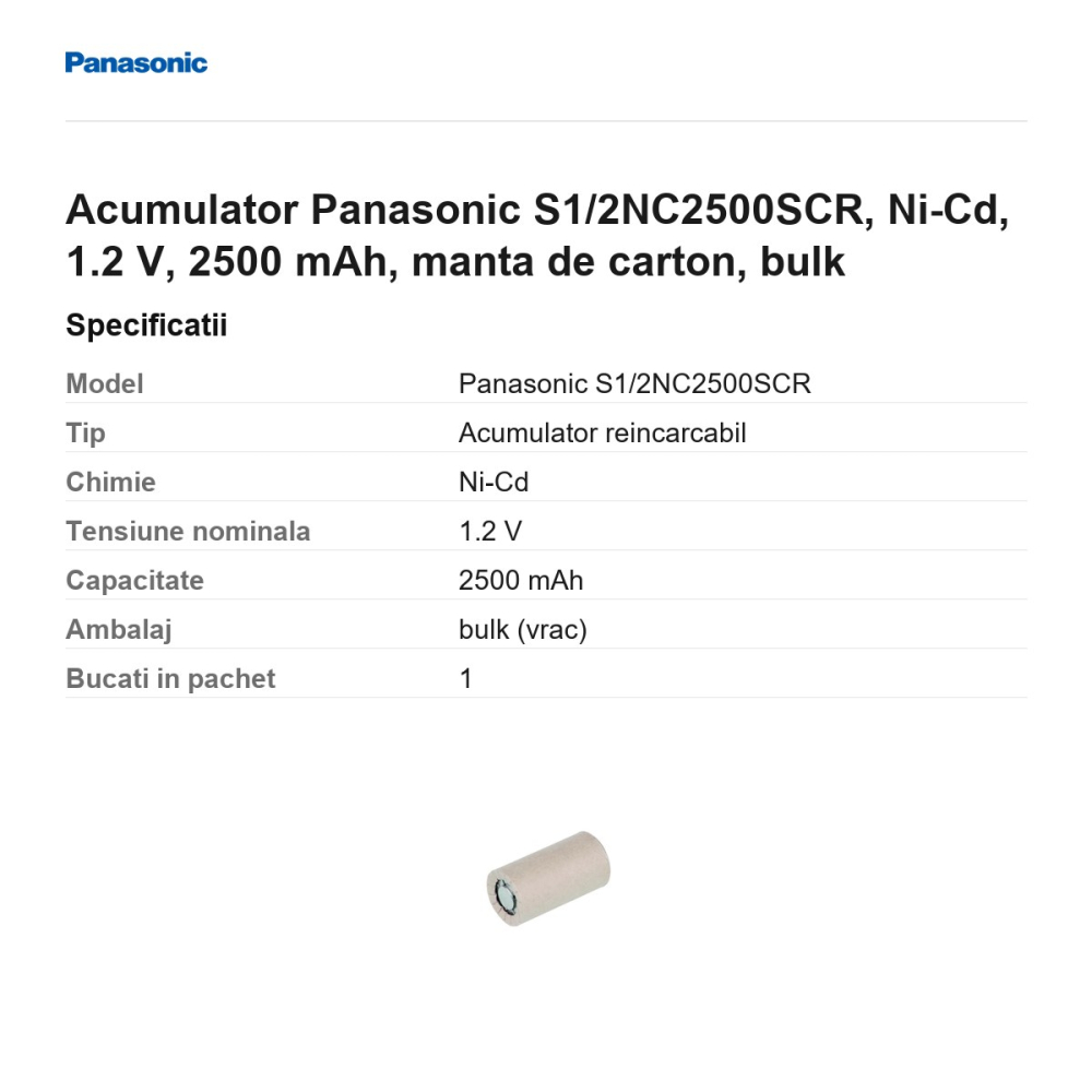 Acumulator Panasonic S1/2NC2500SCR, Ni-Cd, 1.2 V, 2500 mAh, manta de carton, bulk [3]