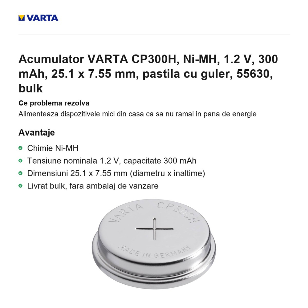 Acumulator VARTA CP300H, Ni-MH, 1.2 V, 300 mAh, 25.1 x 7.55 mm, pastila cu guler, 55630, bulk [2]