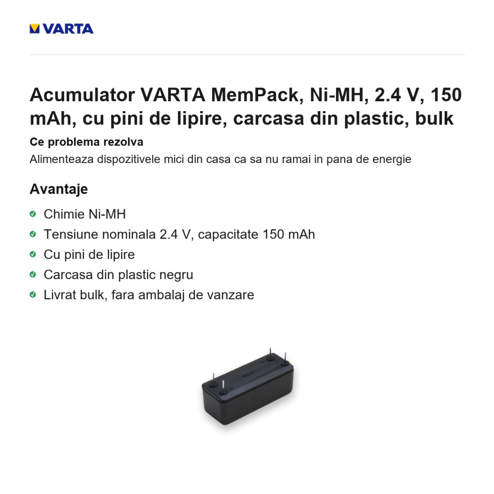 Acumulator VARTA MemPack, Ni-MH, 2.4 V, 150 mAh, cu pini de lipire, carcasa din plastic, bulk [2]