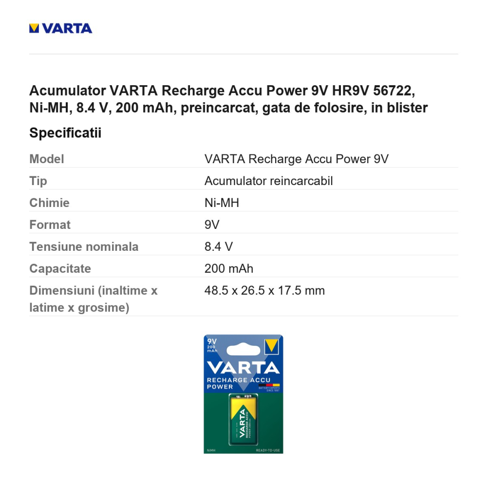 Acumulator VARTA Recharge Accu Power 9V HR9V 56722, Ni-MH, 8.4 V, 200 mAh, preincarcat, gata de folosire, in blister [3]