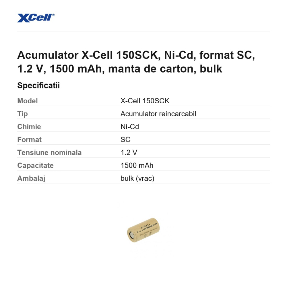 Acumulator X-Cell 150SCK, Ni-Cd, format SC, 1.2 V, 1500 mAh, manta de carton, bulk [3]
