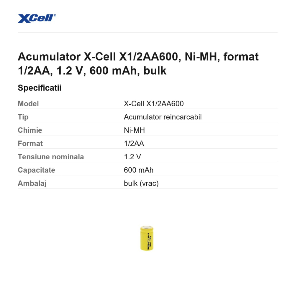 Acumulator X-Cell X1/2AA600, Ni-MH, format 1/2AA, 1.2 V, 600 mAh, bulk [3]