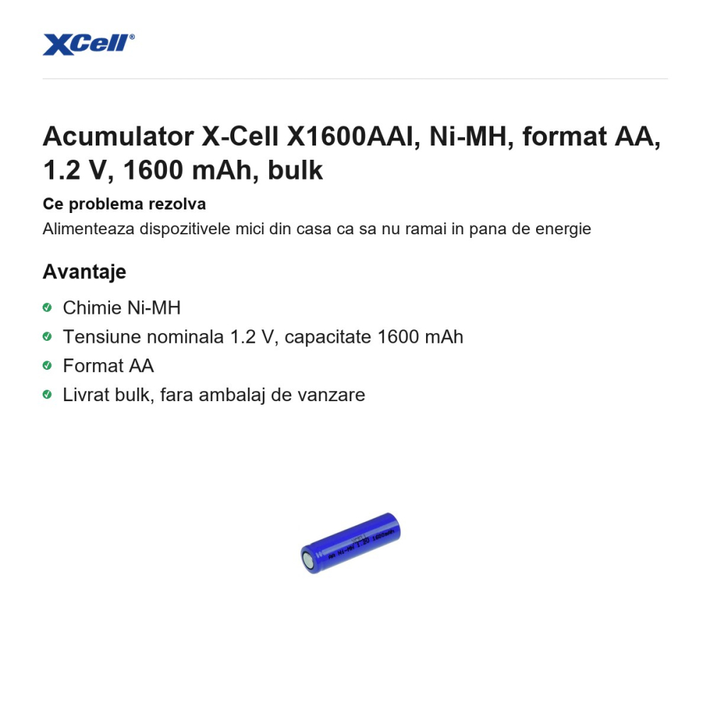 Acumulator X-Cell X1600AAI, Ni-MH, format AA, 1.2 V, 1600 mAh, bulk [2]