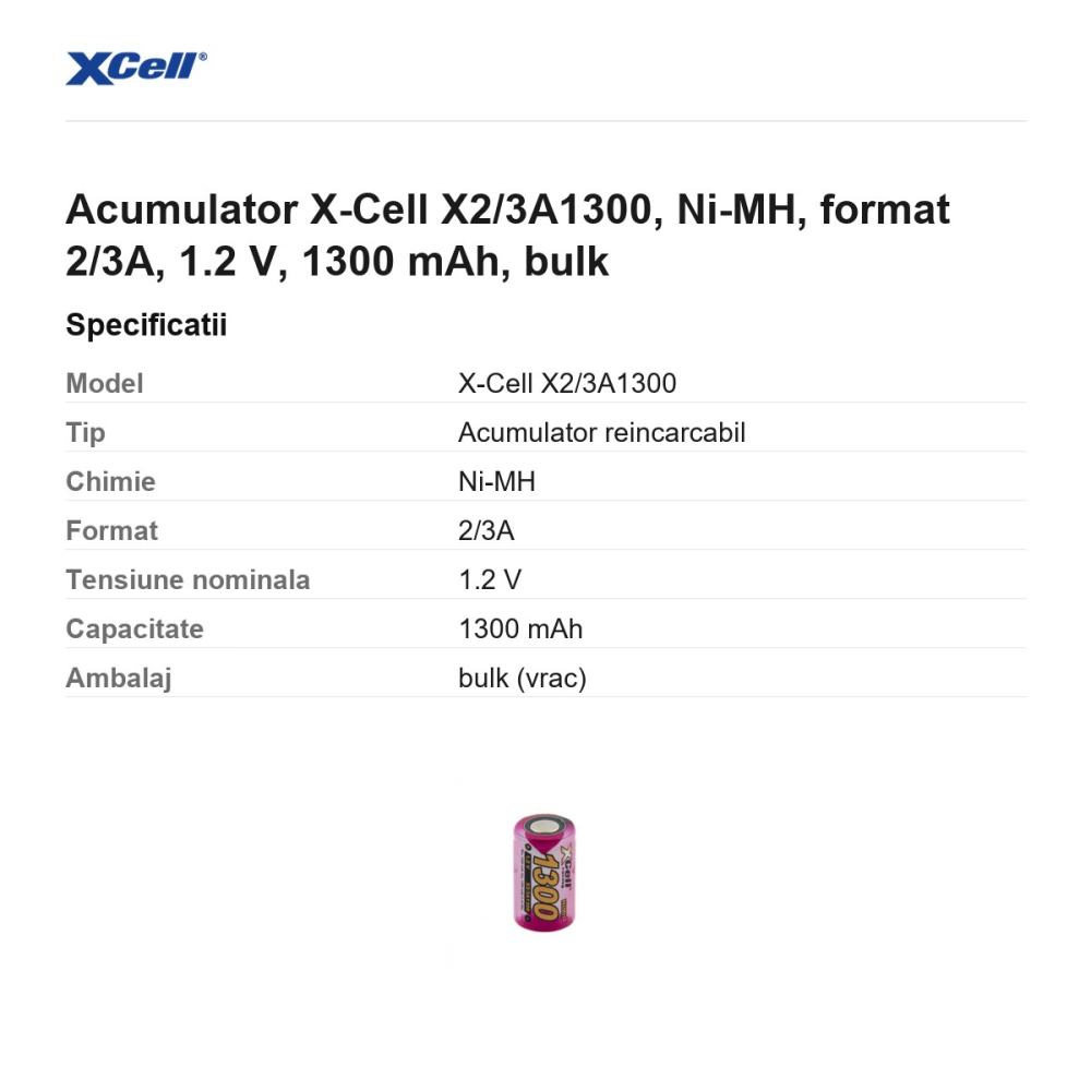Acumulator X-Cell X2/3A1300, Ni-MH, format 2/3A, 1.2 V, 1300 mAh, bulk [3]