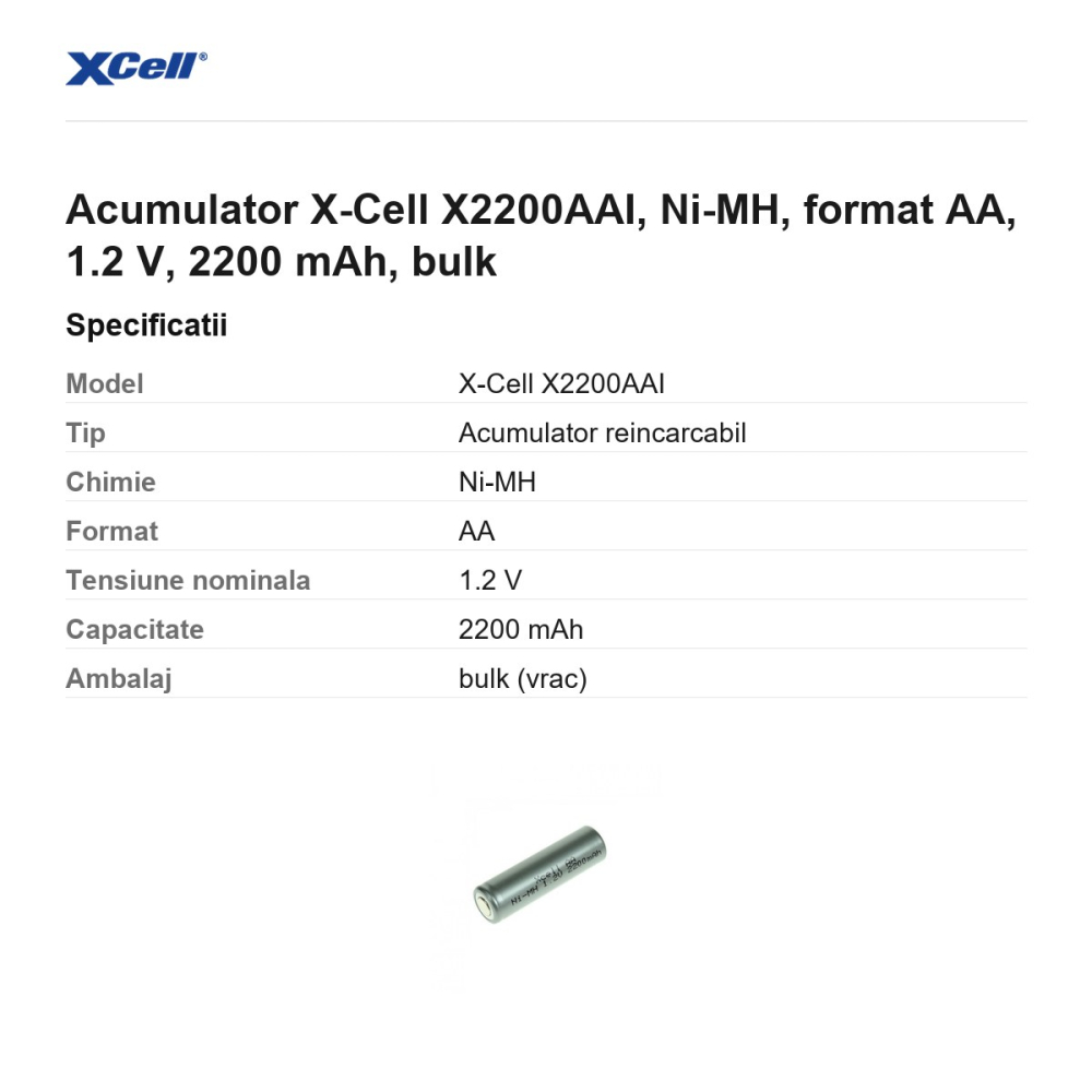 Acumulator X-Cell X2200AAI, Ni-MH, format AA, 1.2 V, 2200 mAh, bulk [3]