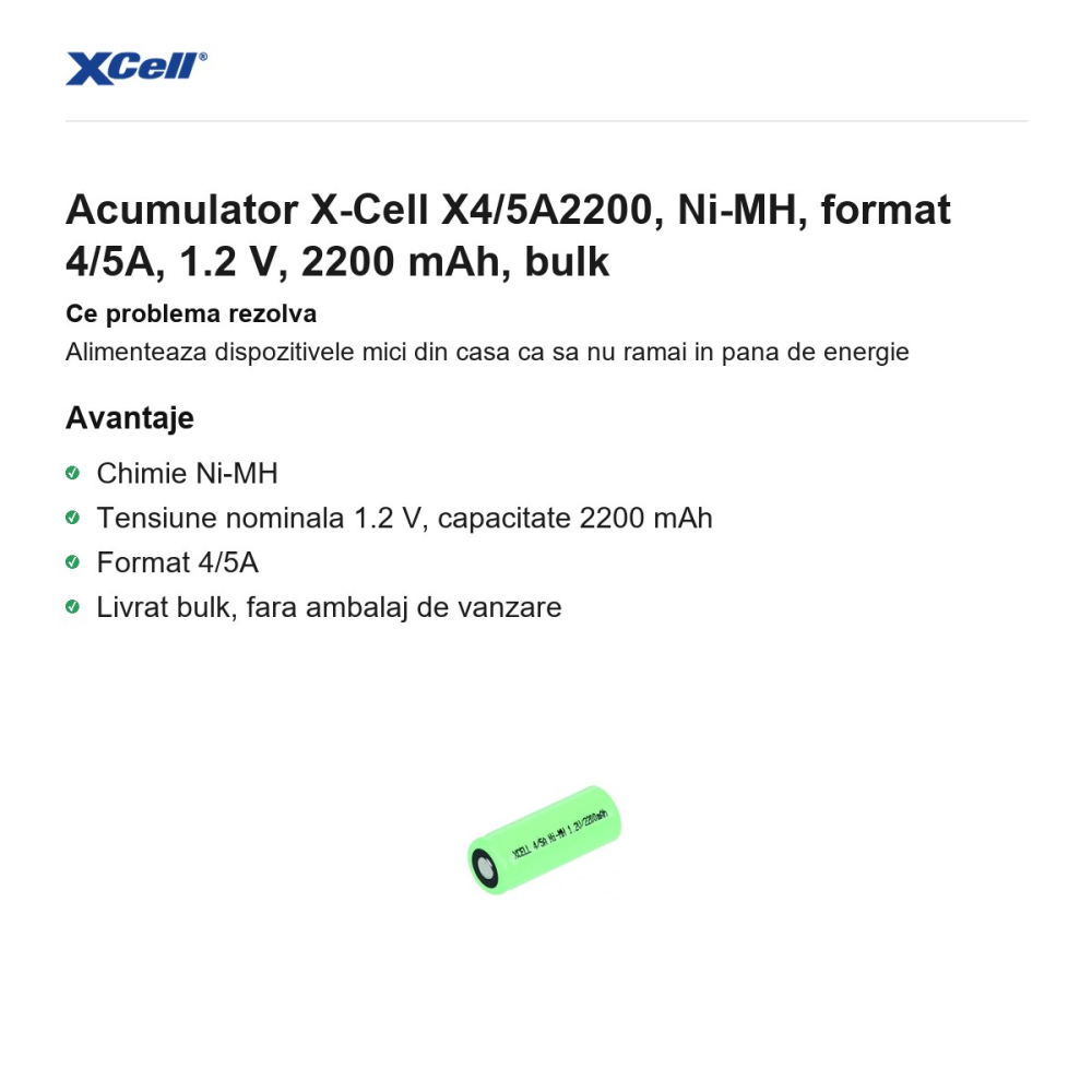 Acumulator X-Cell X4/5A2200, Ni-MH, format 4/5A, 1.2 V, 2200 mAh, bulk [2]