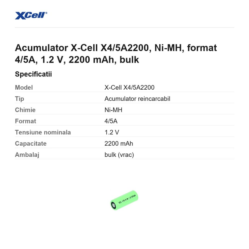 Acumulator X-Cell X4/5A2200, Ni-MH, format 4/5A, 1.2 V, 2200 mAh, bulk [3]